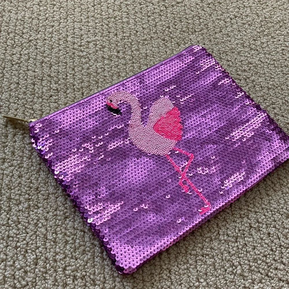 Tarte Sequin Flamingo Pink Purple Sequin Cosmetics Case Makeup Bag Like New